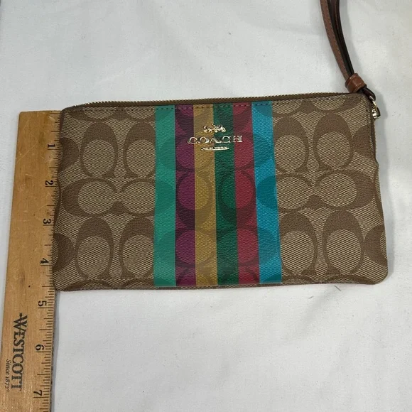 Nwt Coach Signature Large Corner Zip Stripe Wristlet Wallet Canvas Bag monogram - Picture 6 of 7